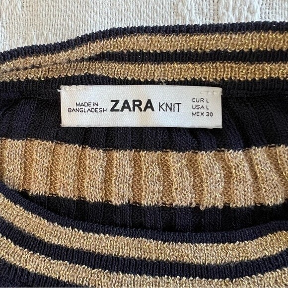 Zara Knit Top Navy and Metallic Gold Stripe Long Sleeve Crop Stretch - Picture 6 of 7